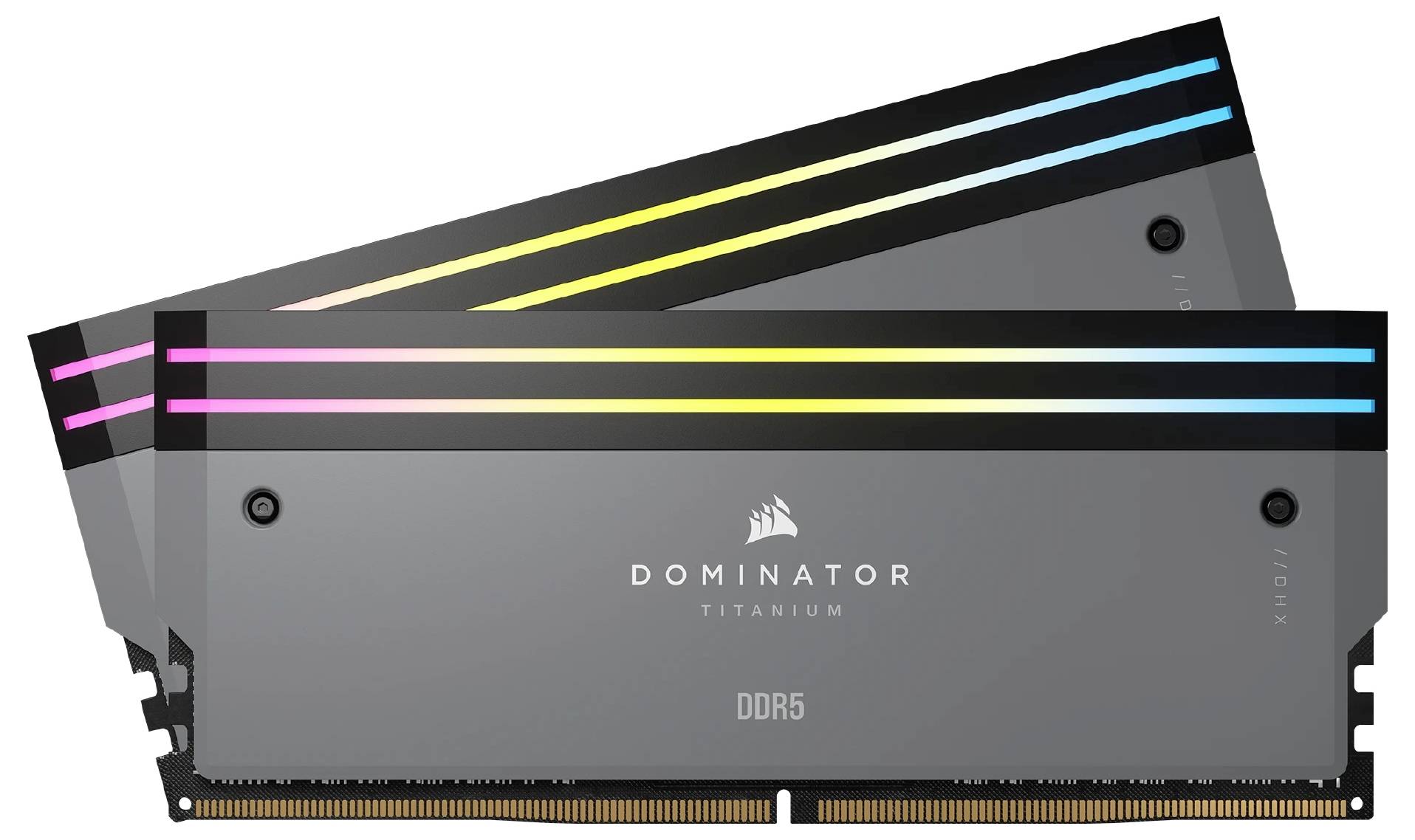 Zwei DDR5-RAM-Module 'Dominator Titanium' mit RGB-Lichtleisten, ein Produkt von Corsair, ausgelegt für hohe Leistung in PCs.