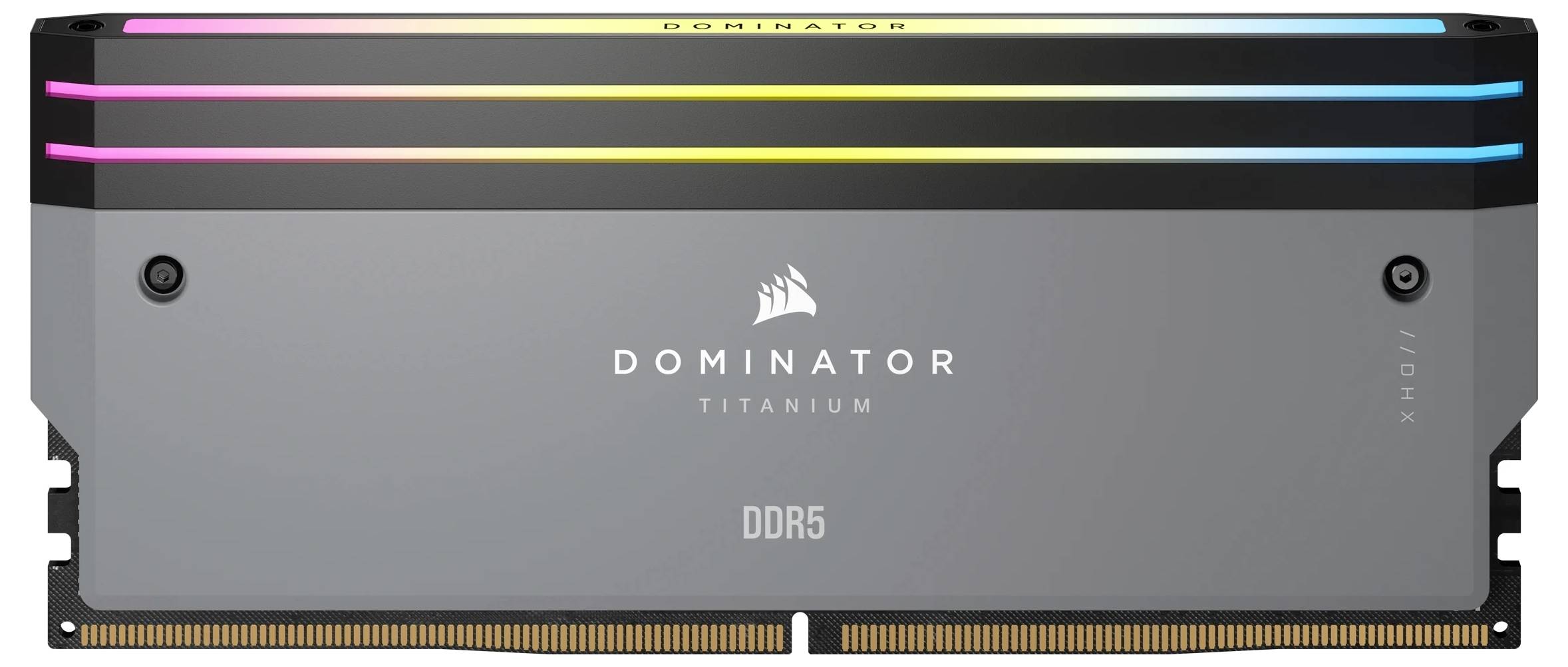 Ein Modul Corsair Dominator Titanium DDR5 RAM mit RGB-Leiste auf der Oberseite, silbernes Design, geeignet für Computer-Upgrades.