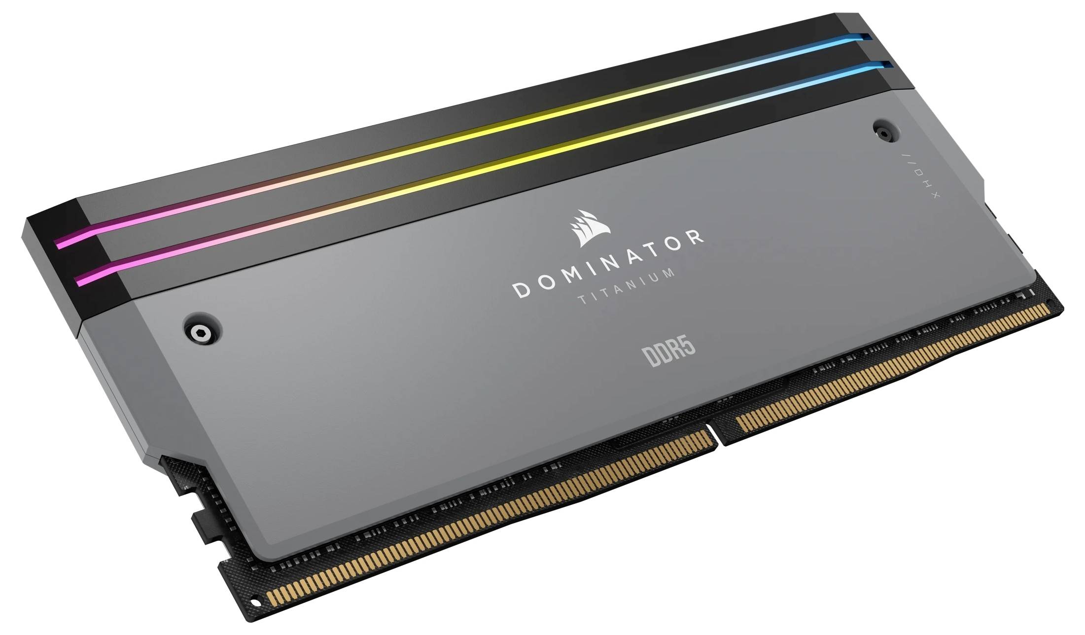 Ein Computer-RAM-Modul von Corsair der Serie 'Dominator Platinum', mit RGB-Beleuchtung und 'DDR5'-Aufschrift.