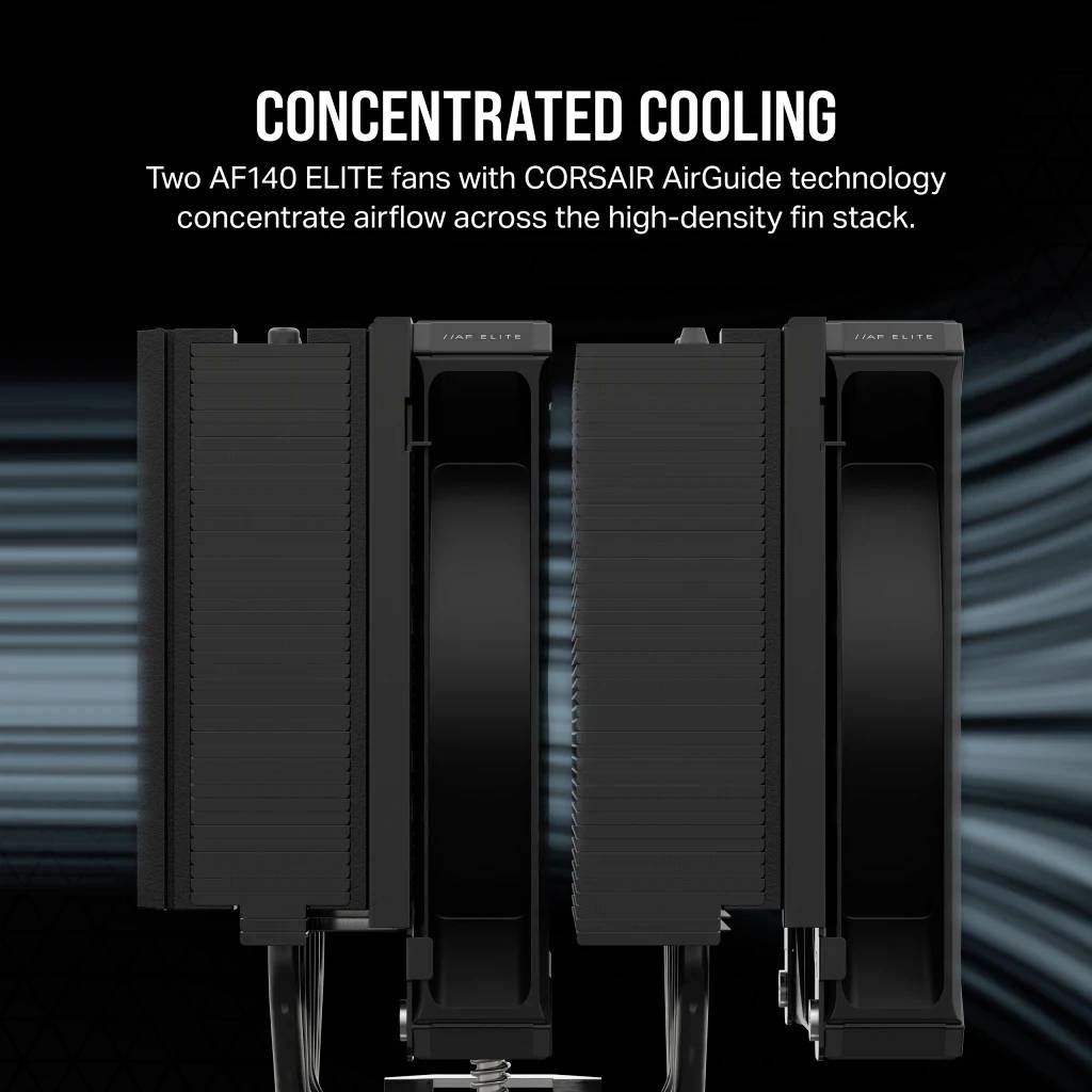 Drei Computerlüfter mit der Aufschrift 'CONCENTRATED COOLING' über den Lüftern, die erweiterte Luftführungstechnologie von Corsair zeigen.
