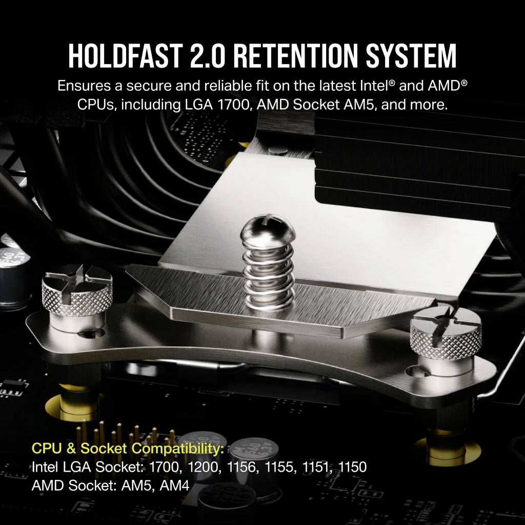 'HOLDFAST 2.0 RETENTION SYSTEM' zur sicheren Befestigung auf Intel- und AMD-CPUs. Kompatibel mit Intel LGA und AMD Socket AM5.