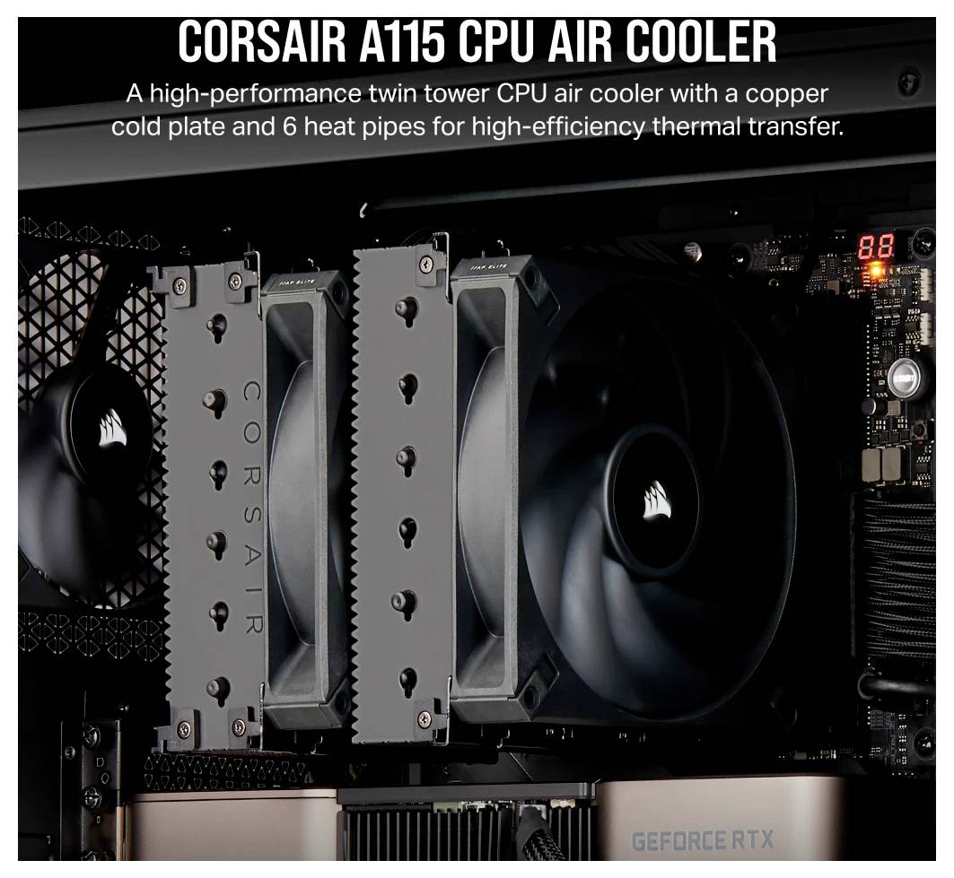 'Hochleistungs-Doppelturm-CPU-Luftkühler von Corsair mit Kupferkühlplatte und 6 Heatpipes für effizienten Wärmetransfer im Computergehäuse.'