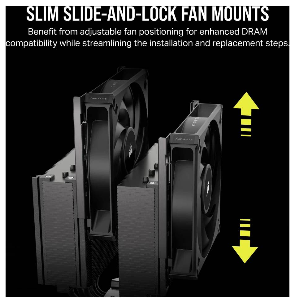 Zwei Lüfter mit 'Slim Slide-and-Lock'-Befestigung in einer Computerkomponente. Pfeile zeigen verstellbare Position an.