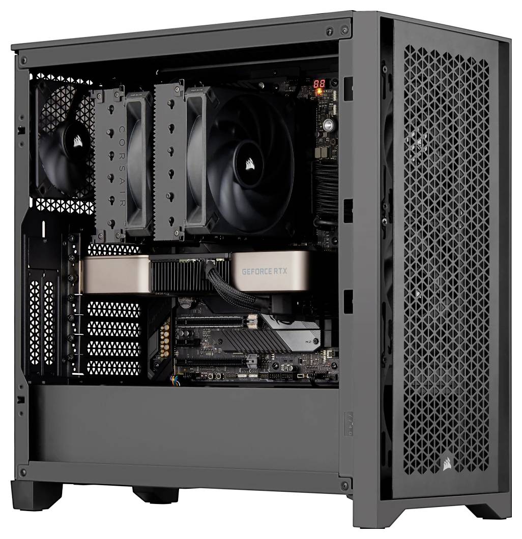 Ein geöffneter Computer zeigt moderne Hardwarekomponenten. Zwei große Lüfter oben und eine Grafikkarte sind deutlich sichtbar.