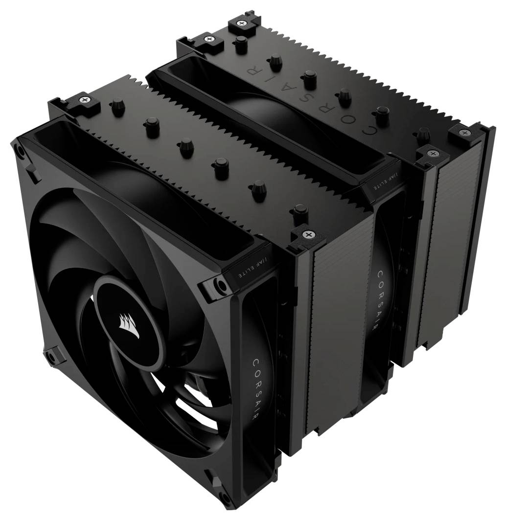 Ein großer, dunkel gefärbter CPU-Kühler mit zwei Lüftern nebeneinander, designed zur effektiven Kühlung von Computerprozessoren.