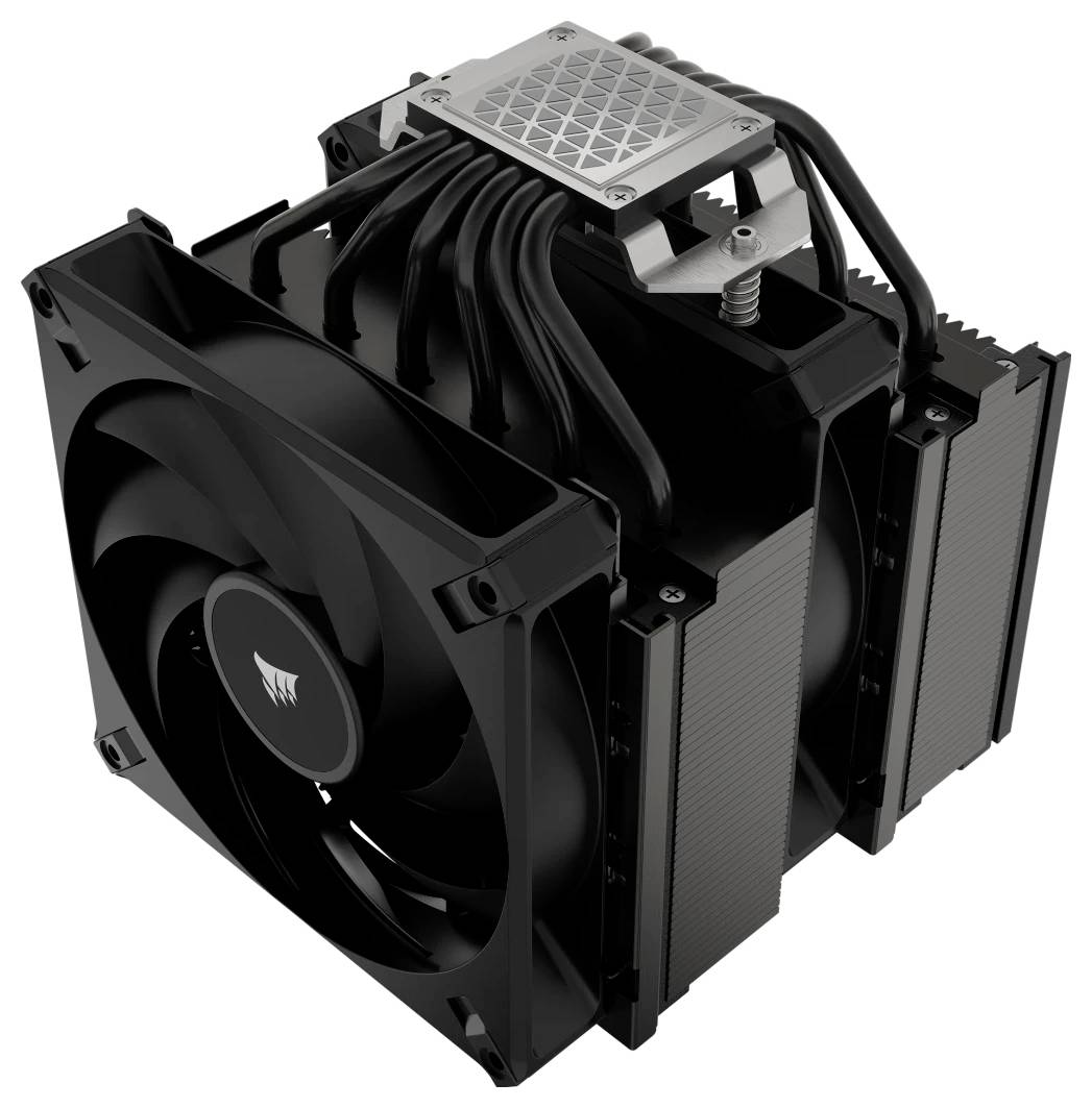 Ein schwarzer CPU-Luftkühler mit zwei Lüftern und Kühlrippen, geeignet für die Kühlung von Computerprozessoren in Desktop-PCs.