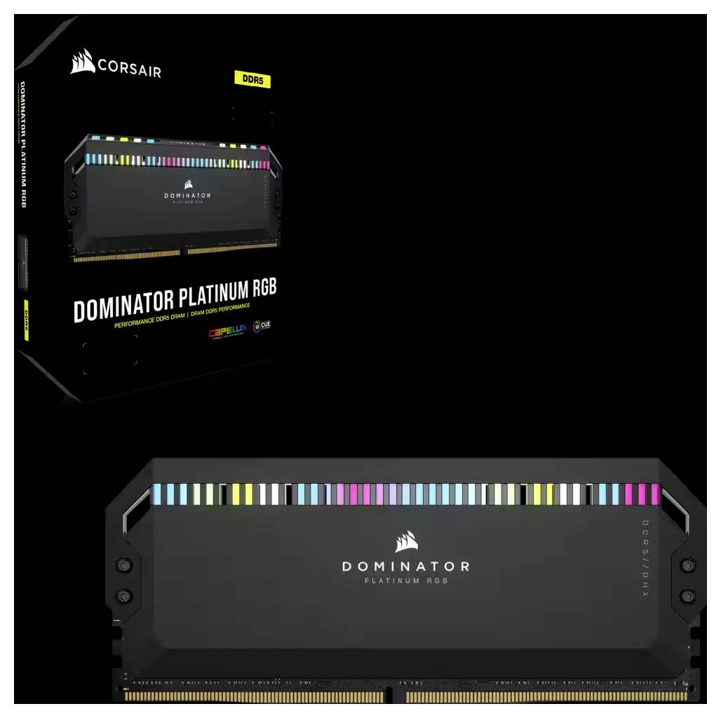 'Corsair Dominator Platinum RGB DDR5 RAM' vor schwarzem Hintergrund, zeigt bunte LED-Akzente. Verpackung dahinter.