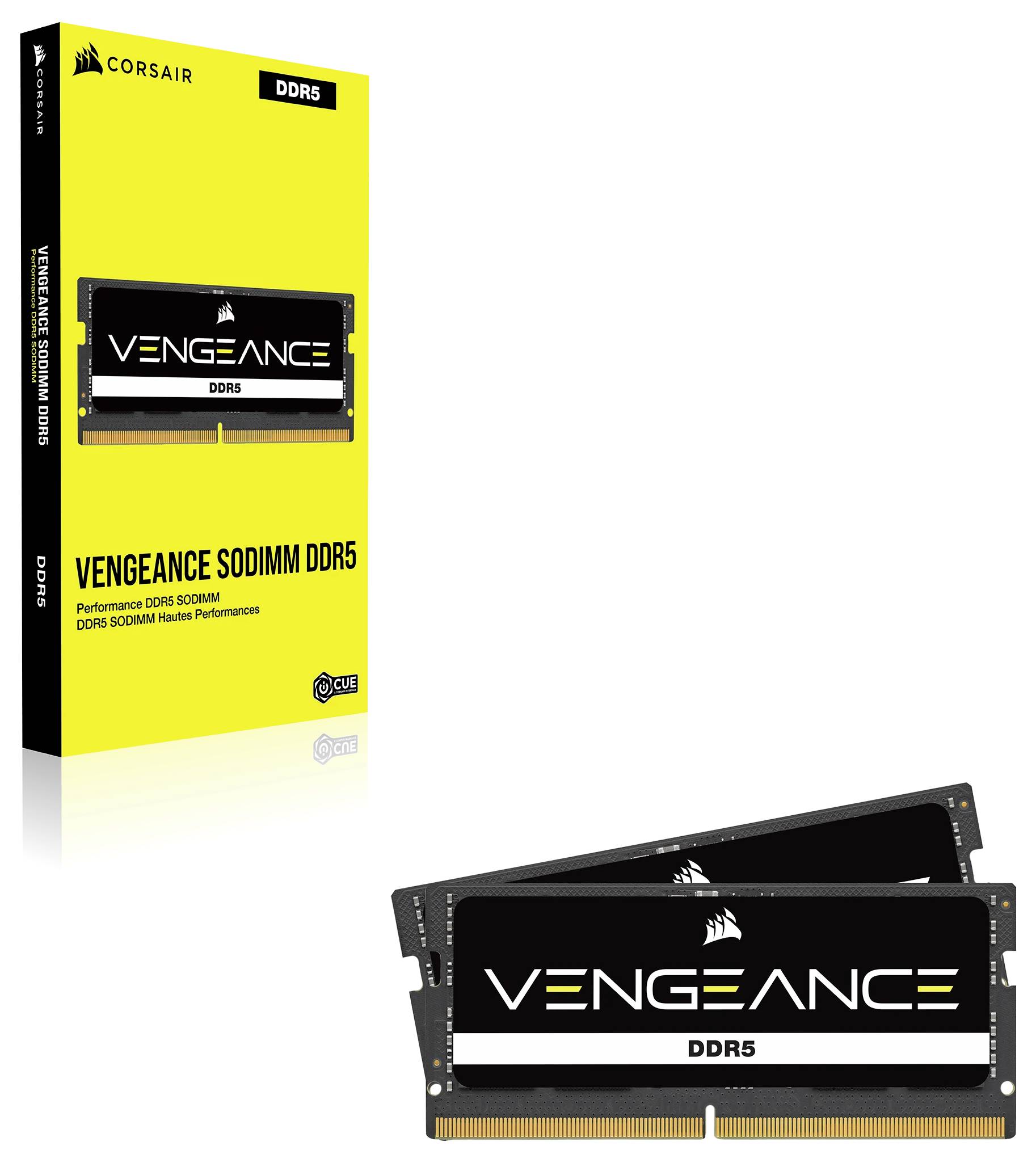 'VENGEANCE DDR5 SODIMM' RAM-Modul von Corsair mit Verpackung. Leistungsbeschreibung: 'Performance DDR5 SODIMM'.