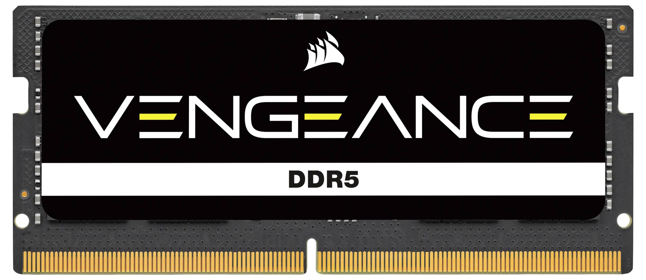 Ein schwarzer DDR5-RAM-Riegel mit der Aufschrift 'VENGEANCE' und einem Markenlogo darüber. Der RAM ist für Computer-Speicheraufrüstung gedacht.