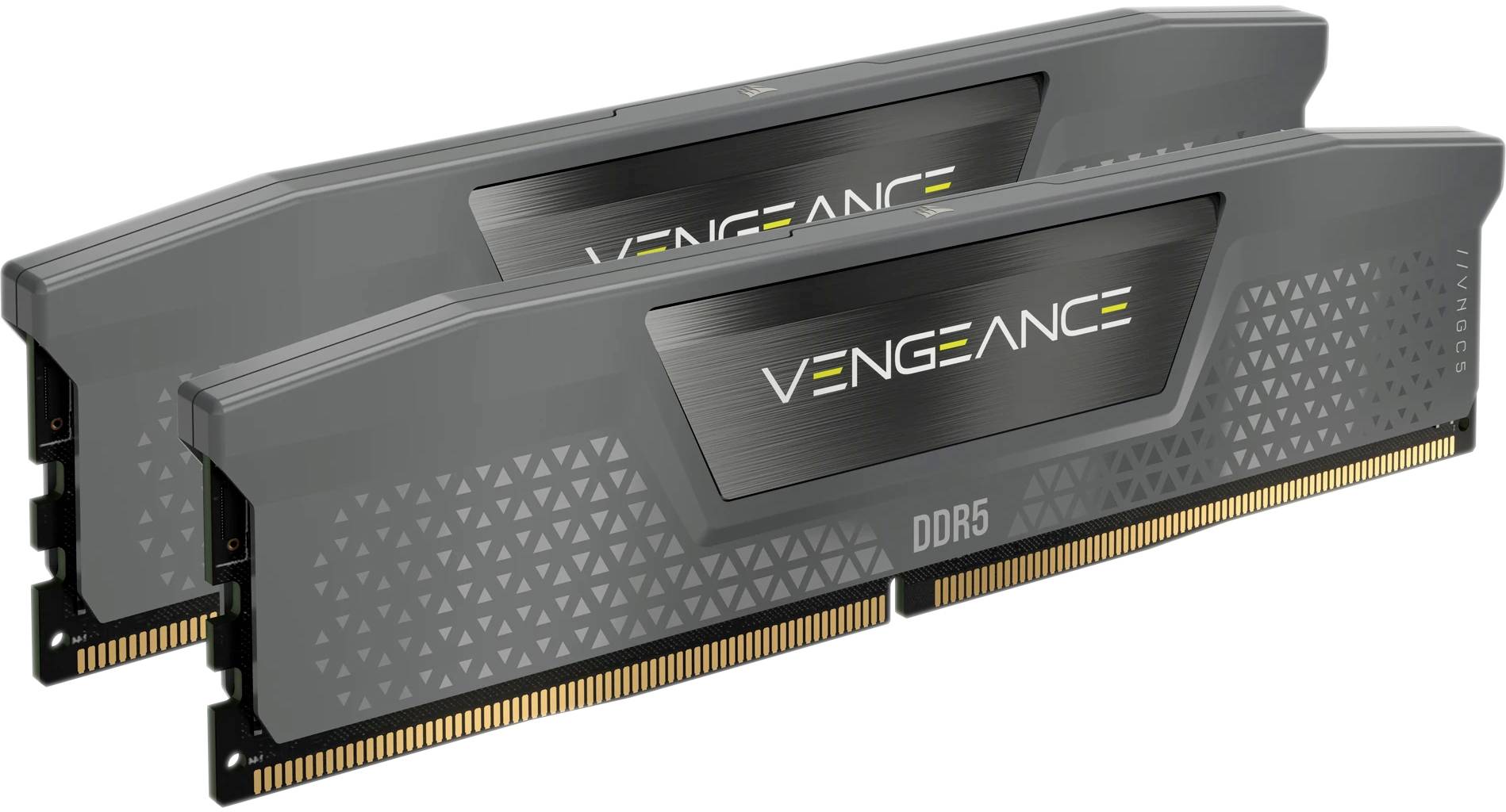 Zwei DDR5-RAM-Module der Marke abgebildet, mit grauem Kühlkörperdesign und schwarzer Beschriftung. Geeignet für Computeraufrüstung.