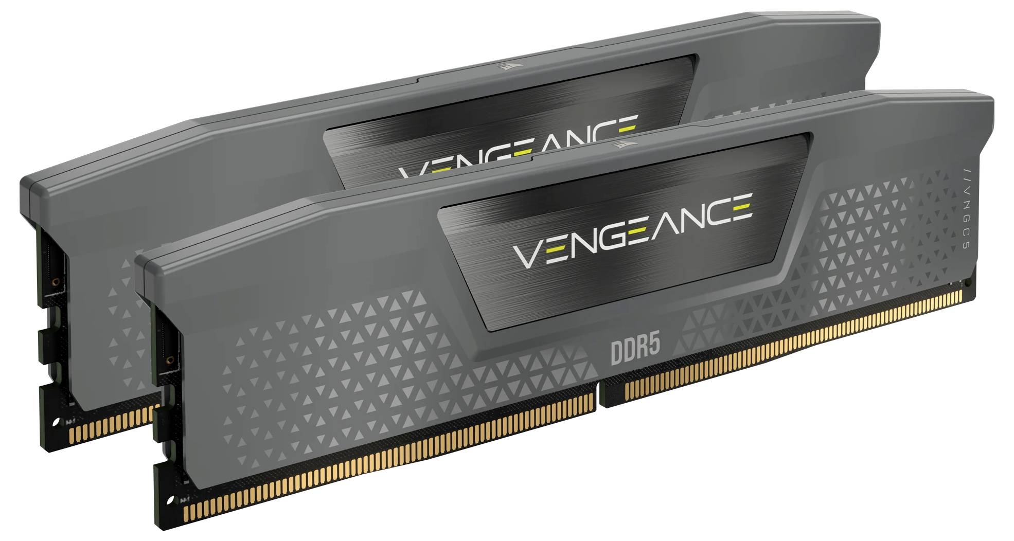 Zwei graue DDR5-RAM-Module mit dem Schriftzug 'Vengeance', geeignet für moderne Computer zur Leistungssteigerung.