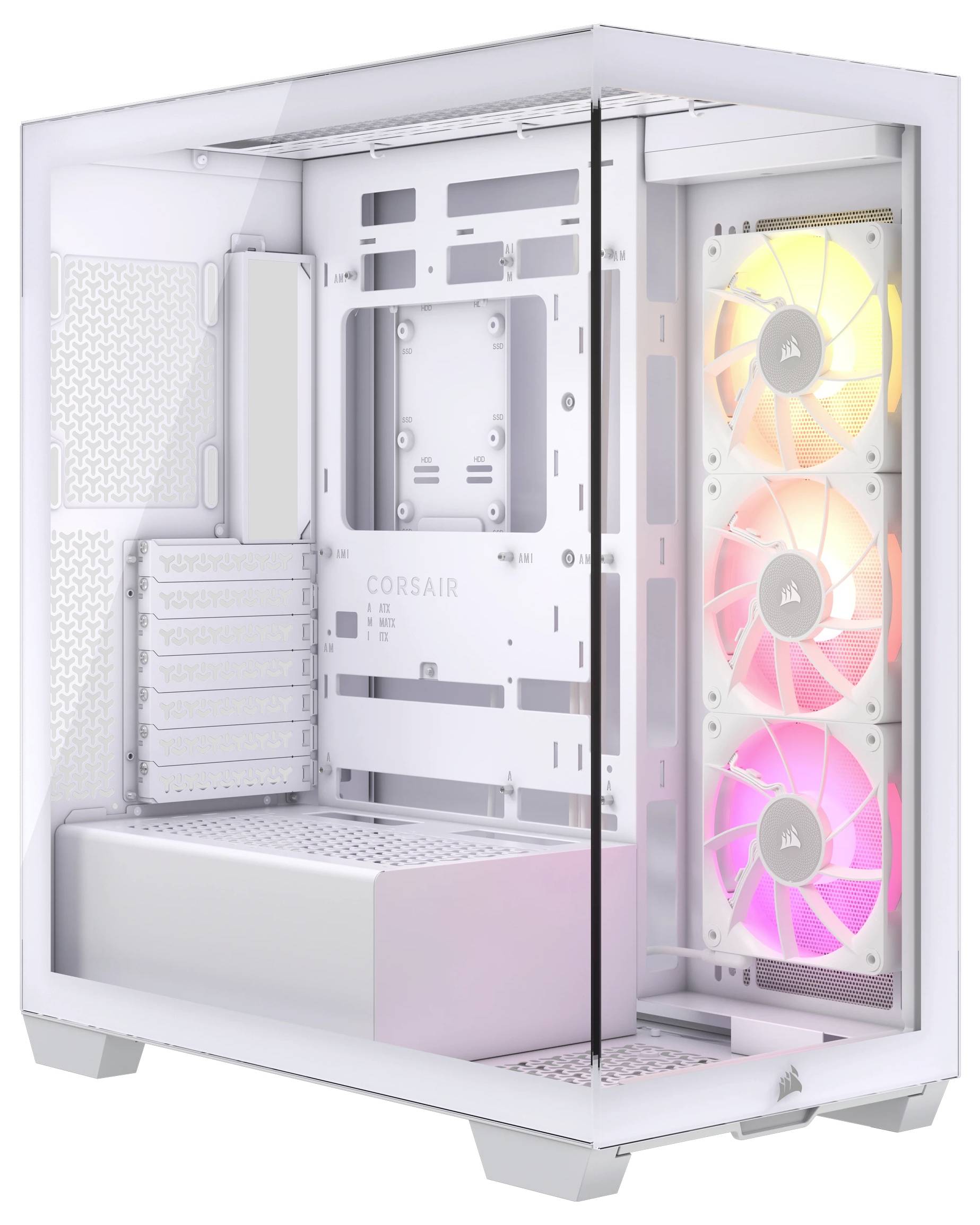 PC-Gehäuse in Weiß mit transparentem Seitenfenster, drei beleuchteten Lüftern vorne, und mehreren Einbauschächten für Komponenten.