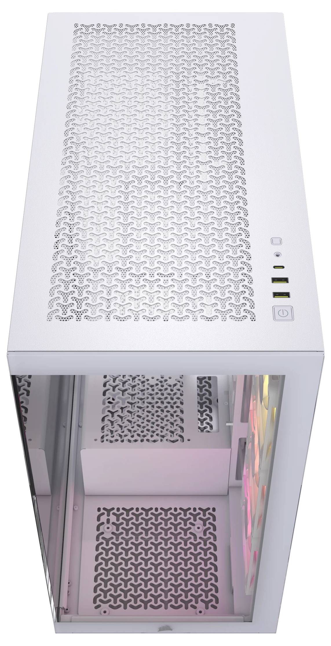 Weißes Computergehäuse mit durchsichtiger Seite und sichtbaren RGB-Leuchten. Oben Lüftungsgitter und Anschlüsse für USB und Audiogeräte.