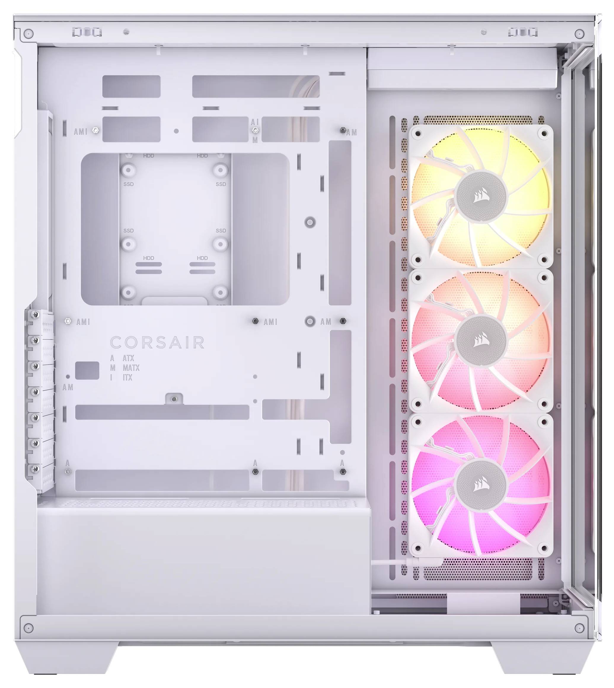 Weißes Computergehäuse von innen mit drei leuchtenden Lüftern an der Seite. Geeignet für ATX-Motherboards.