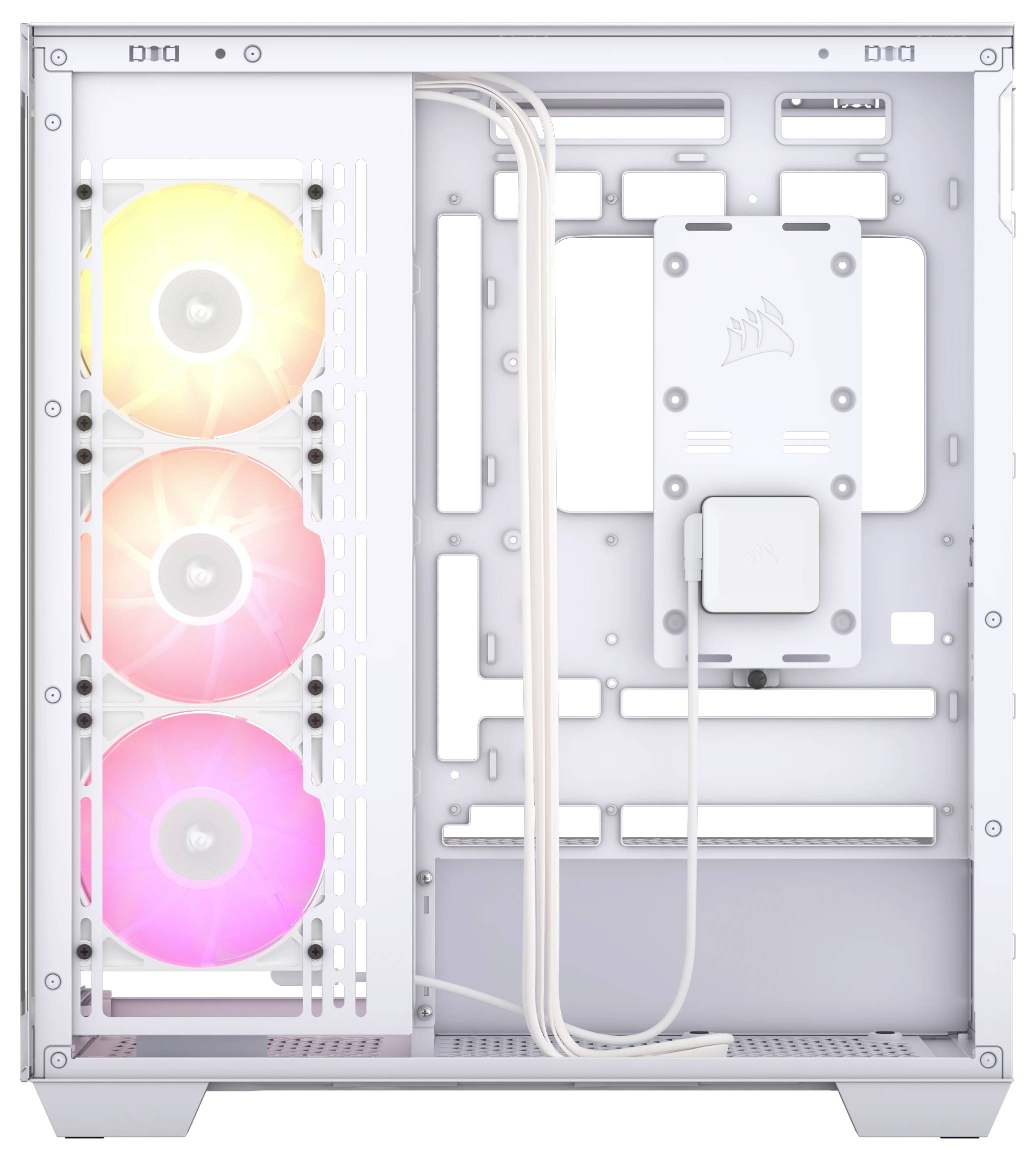 Ein weißes PC-Gehäuse mit durchscheinender Seitenwand zeigt drei vertikale Lüfter mit RGB-Beleuchtung und Kabelmanagement.