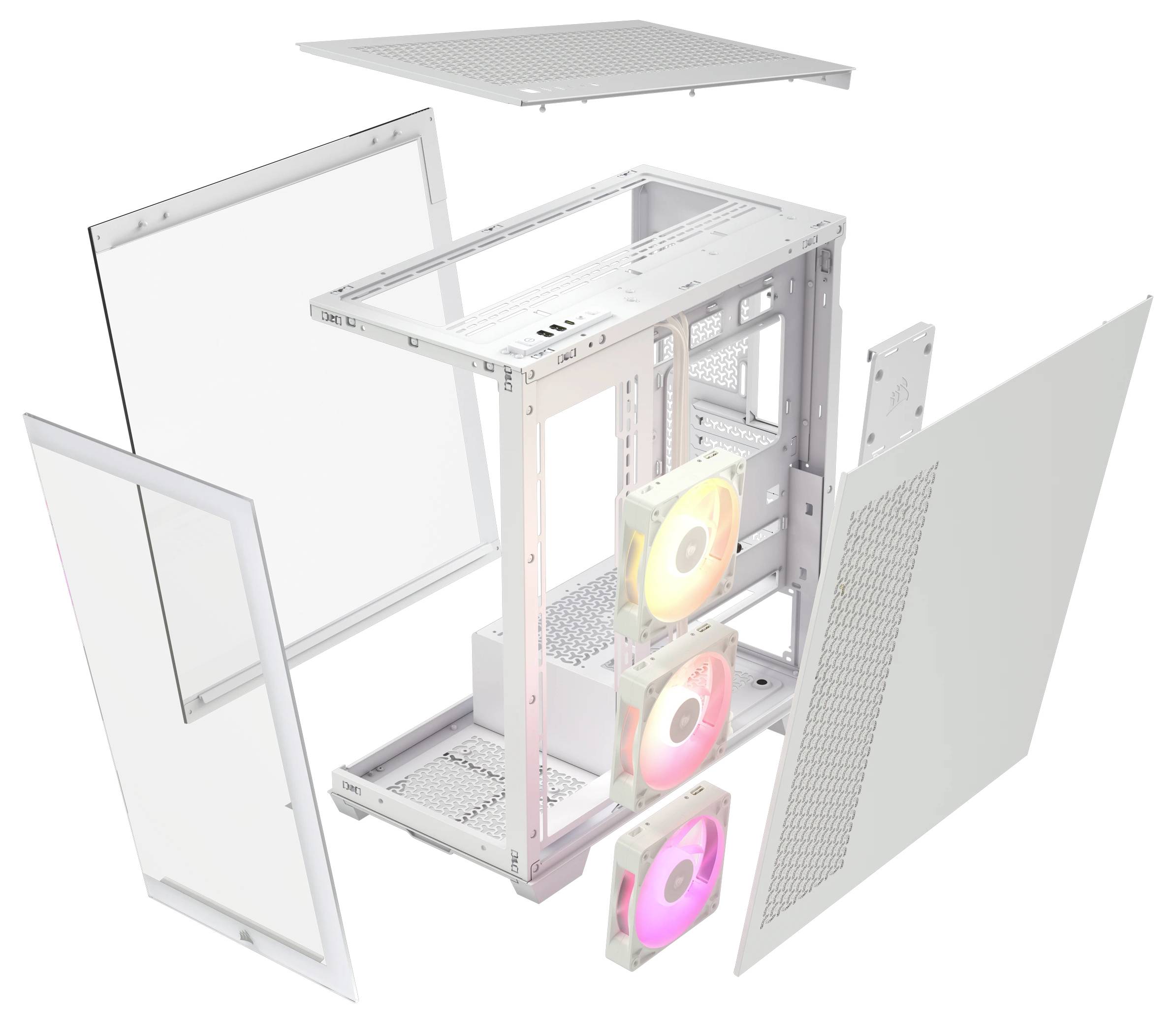 Explodierte Darstellung eines Computergehäuses mit zwei beleuchteten Lüftern; Seiten und Oberseite sind entfernt, um Innenraum zu zeigen.