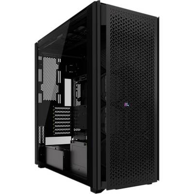 Ein schwarzes Computergehäuse mit perforiertem Frontpanel und Glasseitenteil; es ist leer und bereit für den Einbau von Komponenten.