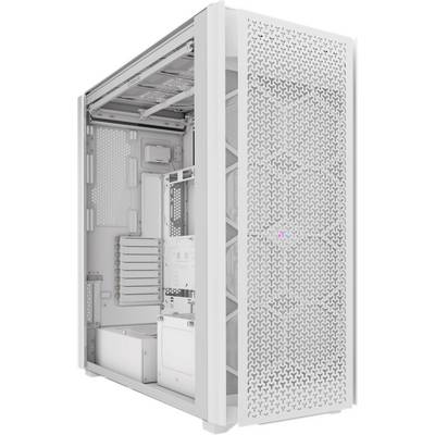 Ein weißes Computergehäuse mit offenem Inneren, sichtbar sind Steckplätze für Komponenten und ein Netzgitter auf der Vorderseite.