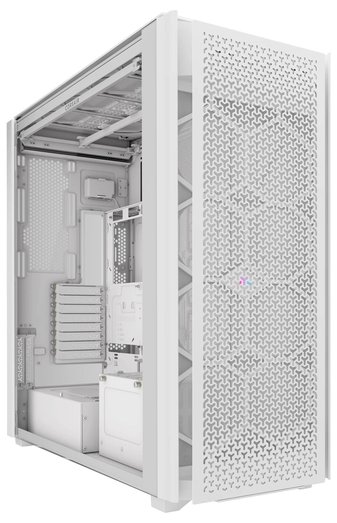 Weißes Computergehäuse mit offenem Design, seitlich durchsichtige Wand. Vorderseite hat ein Muster mit Luftdurchlässen.