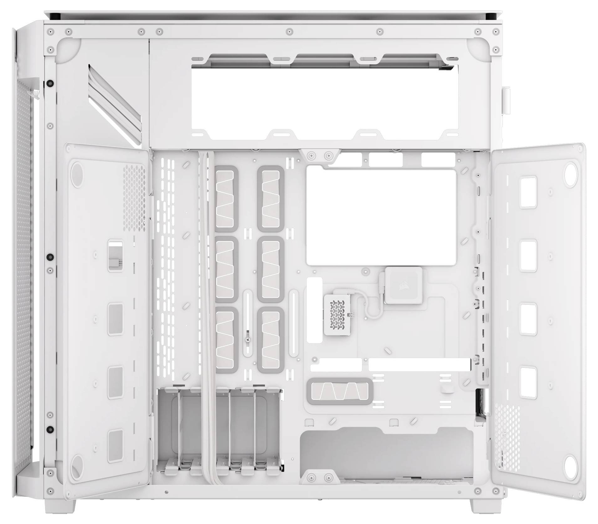 Weißes Computergehäuse mit offenem Seitenteil. Sicht auf Innenstruktur mit mehreren Festplatteneinschüben und Kabelmanagement-Optionen.