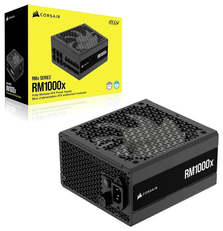 Ein Corsair RM1000x Netzteil in Schwarz, vollmodular. Verpackung zeigt Spezifikationen und Logo. Geeignet für ATX-Systeme.