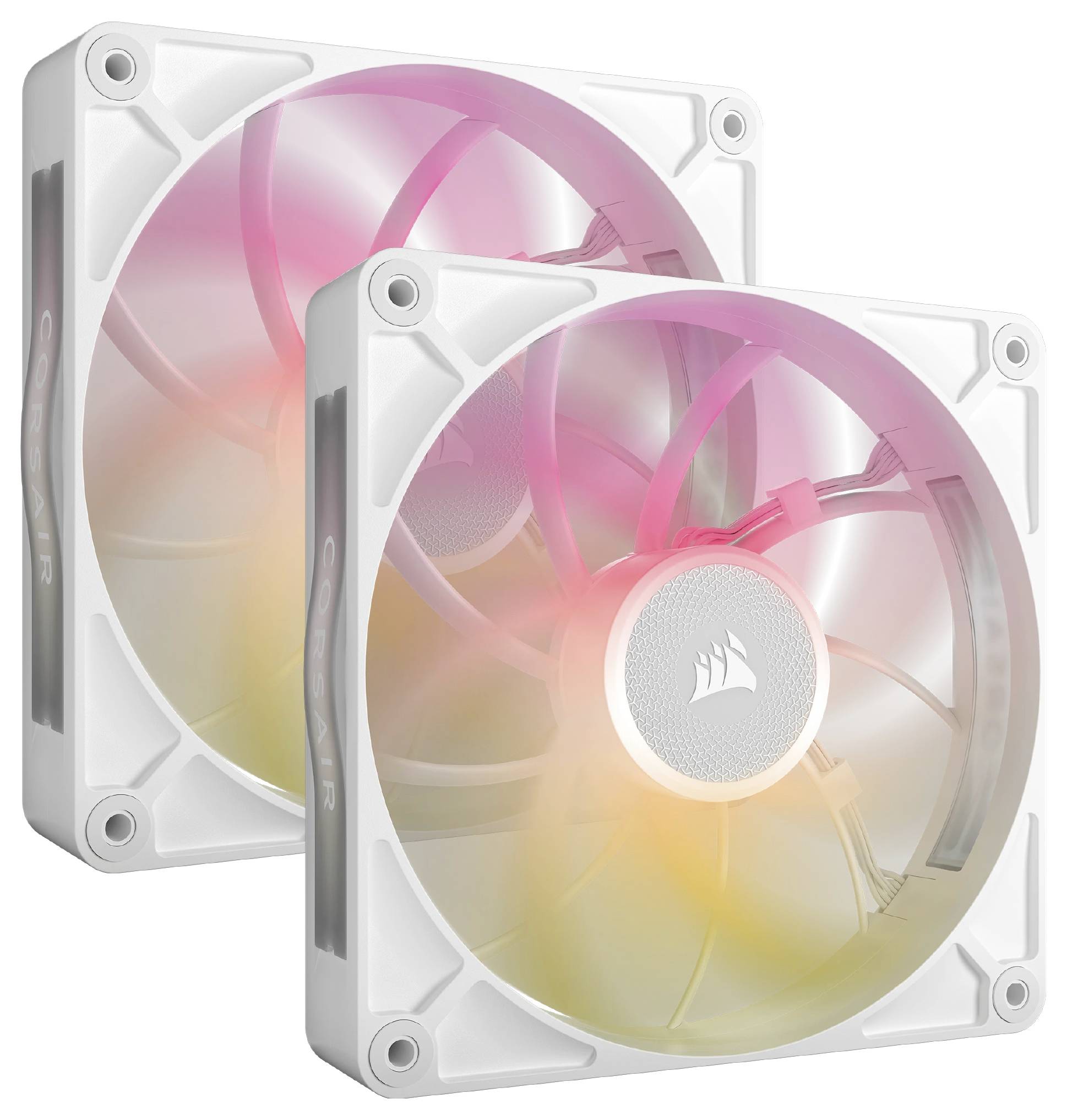 Zwei Computerlüfter mit RGB-Beleuchtung in wechselnden Farben. Sie sind weiß und quadratisch, ideal für PC-Gehäuse.