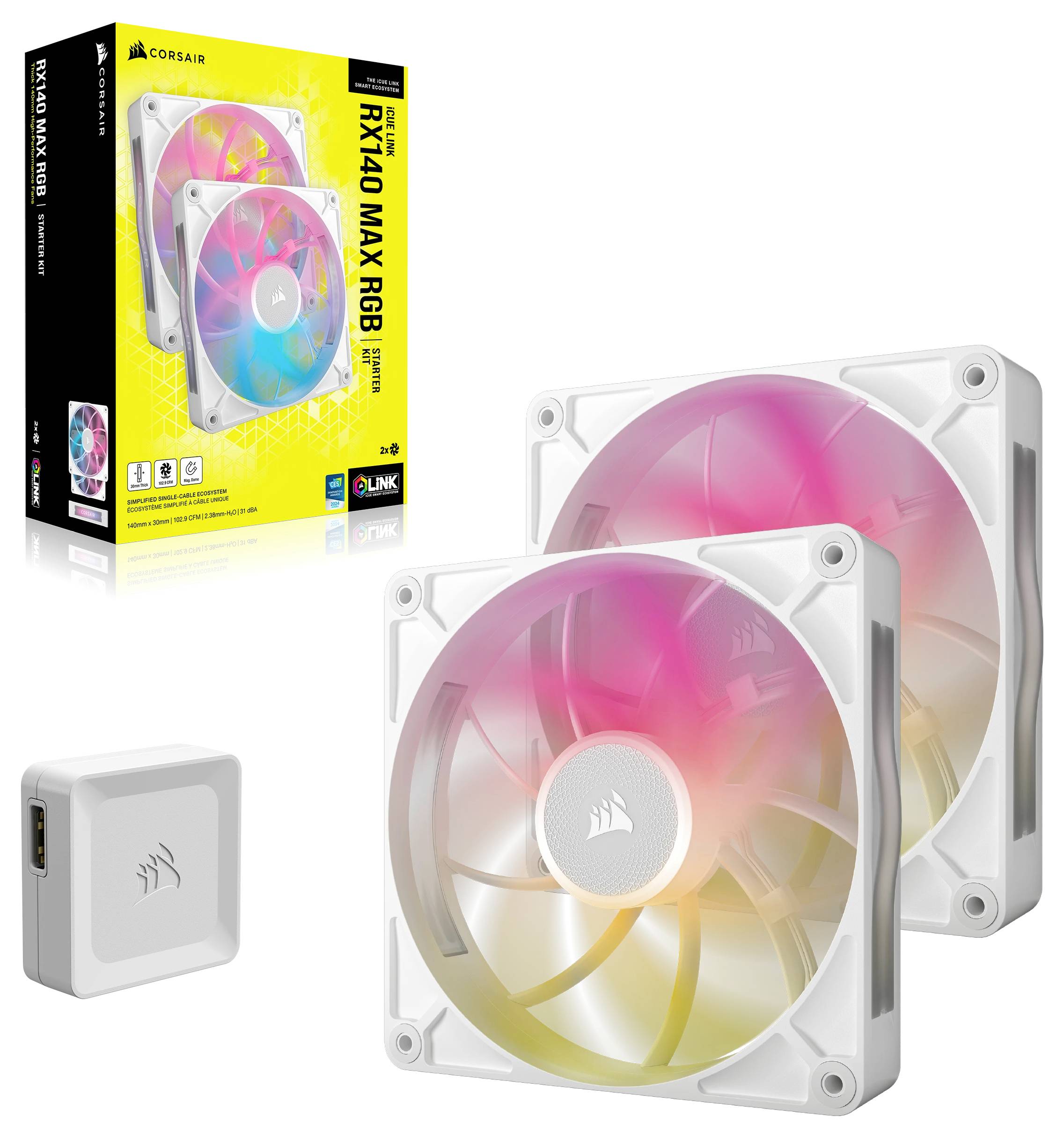 Zwei Corsair Lüfter mit RGB-Beleuchtung und Steuergerät. Verpackung zeigt Produkt und Markenlogo. Ideal zur Kühlung und Beleuchtung von PCs.