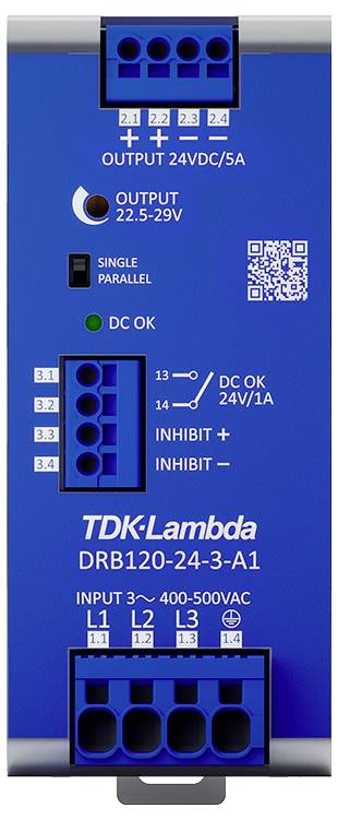 Ein blaues Netzteil von TDK-Lambda, Modell DRB120-24-3-A1, mit Eingängen 400-500VAC und Ausgängen 24VDC/5A. LED-Anzeigen für Status.