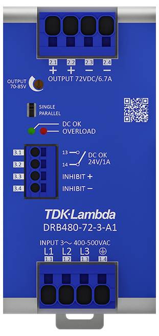 Stromversorgungseinheit von TDK-Lambda, Modell DRB480-72-3-A1, 72VDC Ausgang, Eingangsbereich 400-500VAC, Überlastanzeige.