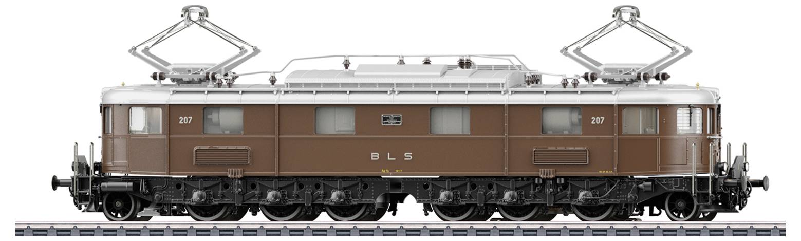 'Braune Elektrolokomotive der BLS mit zwei Stromabnehmern auf Schienen.'