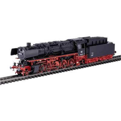 Eine schwarze Dampflokomotive mit roten Rädern auf einem Gleis. Sie hat eine markante, klassische Form und detaillierte Elemente.