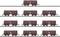 Freight train cars aligned in rows on track, showcasing different models and configurations in a side view.