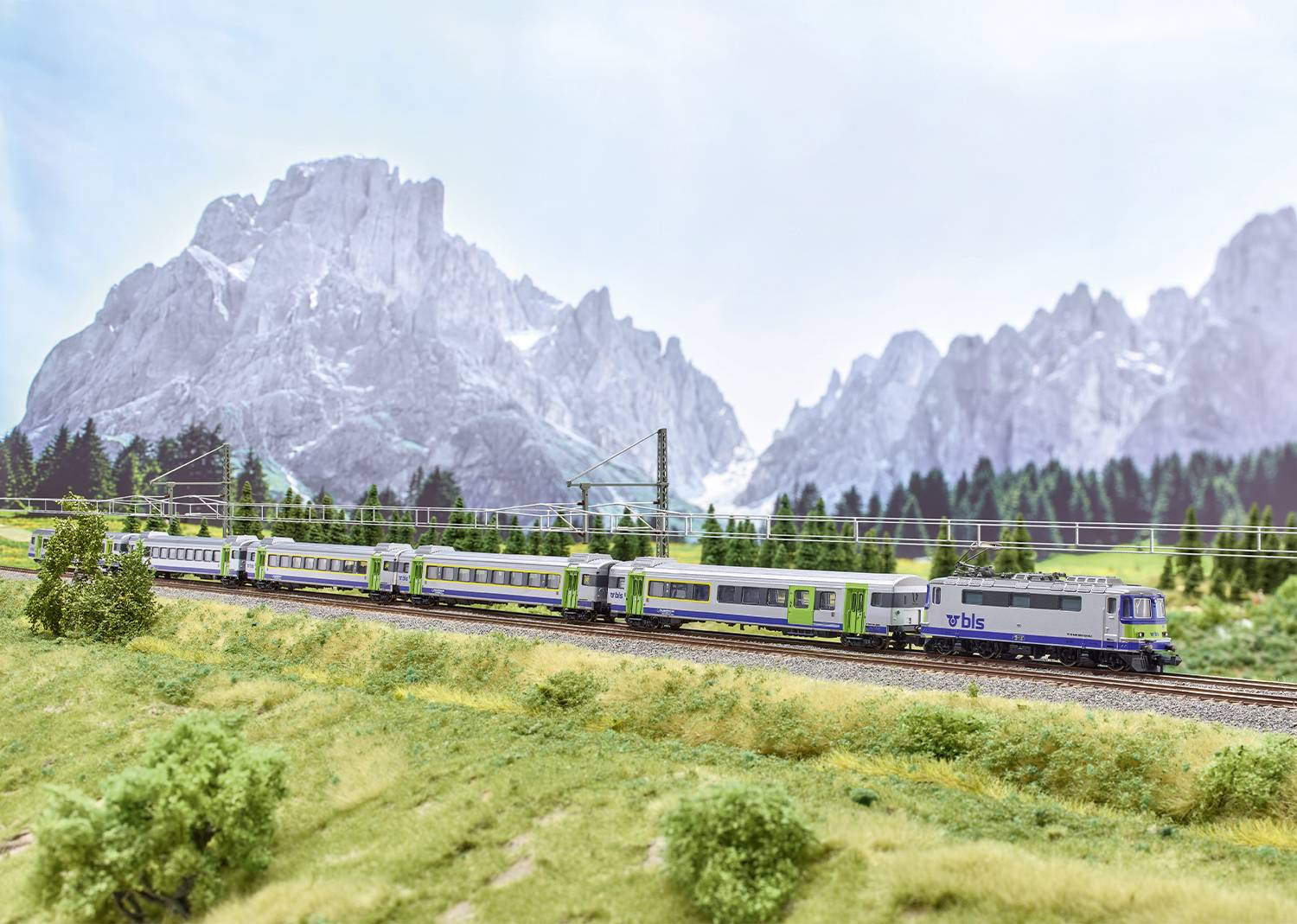 Ein Zug fährt durch eine grüne Landschaft vor einer Kulisse von schneebedeckten Bergen, unter einem blauen Himmel.