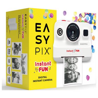 Digitalkamera "EASYPIX Instant FUN" mit Sofortbildfunktion, auf gelber Verpackung mit Beispielbildern von Schwarzweißporträts.