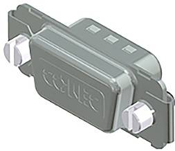 Ein rechteckiger Steckverbinder in grauer Farbe mit zwei Schrauben rechts und links zur Befestigung, typischerweise für elektronische Geräte.