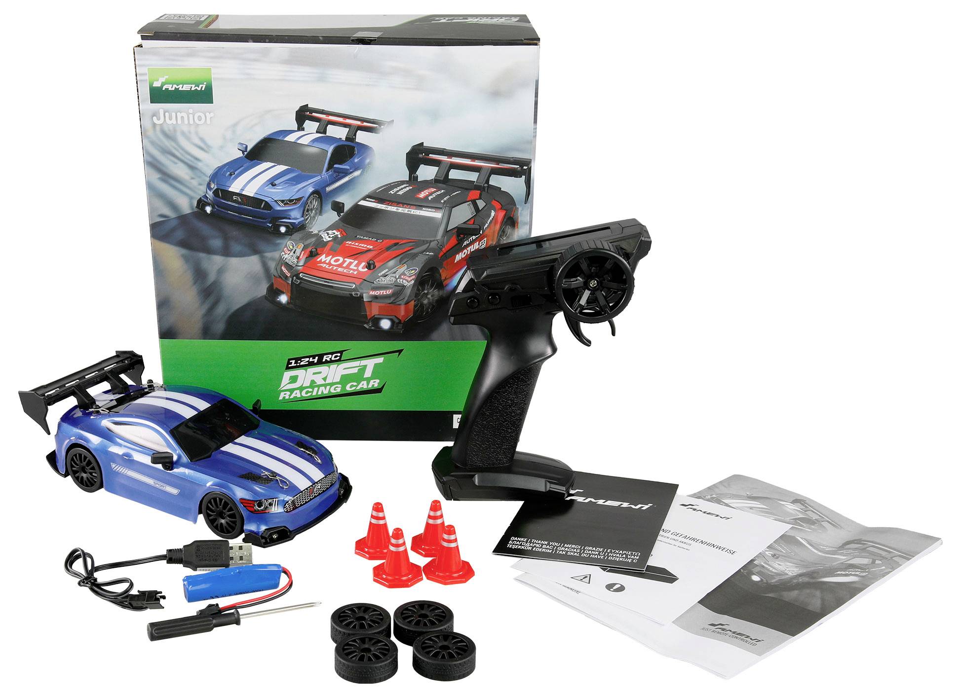 Ferngesteuertes Drift-Rennauto-Set, enthält Auto, Controller, Batterien, Ladegerät, Ersatzräder, Kegel und Anleitung.