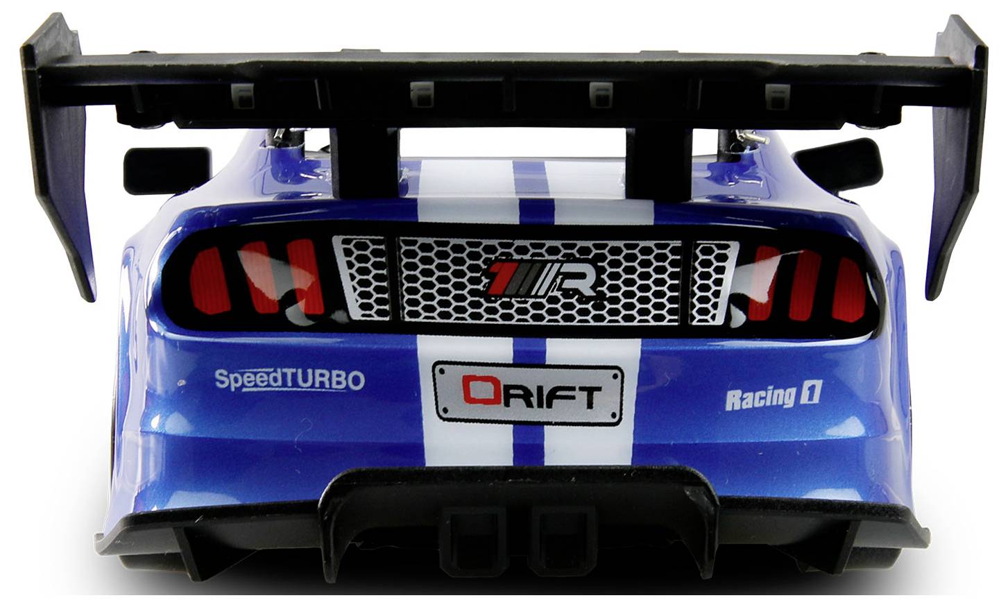 Ein blauer Rennwagen von hinten, mit auffälligem Heckspoiler und Renndetails. Die Rücklichter und ein 'Drift'-Aufkleber sind sichtbar.