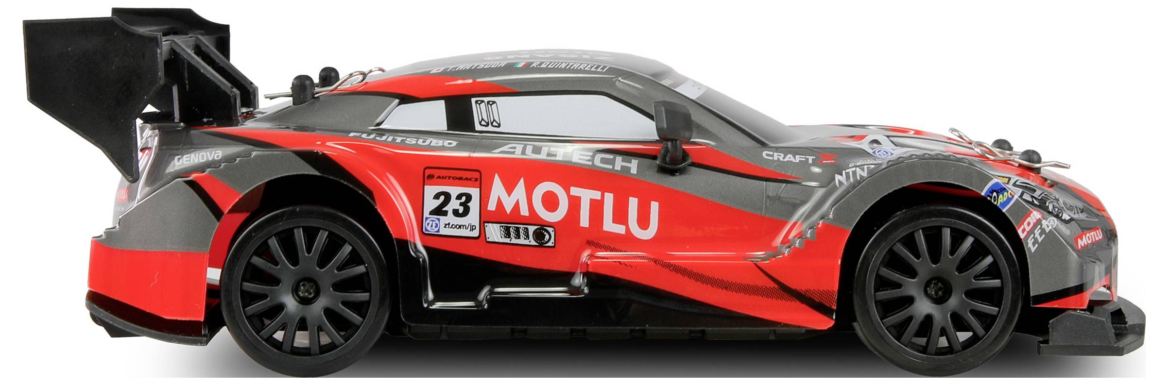 Ein rotes Spielzeugrennwagenmodell mit schwarzem Heckspoiler und der Nummer '23' auf der Seite, verziert mit mehreren Logos.