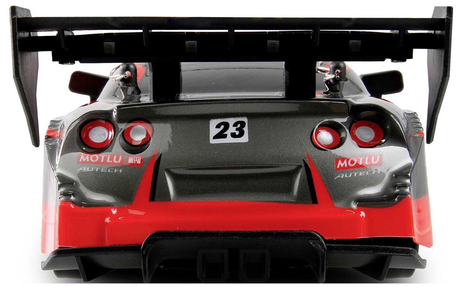 Ein Modellauto eines Rennwagens von hinten, nummeriert mit '23', mit großem Heckspoiler und roten Akzenten, im Rennstil gestaltet.