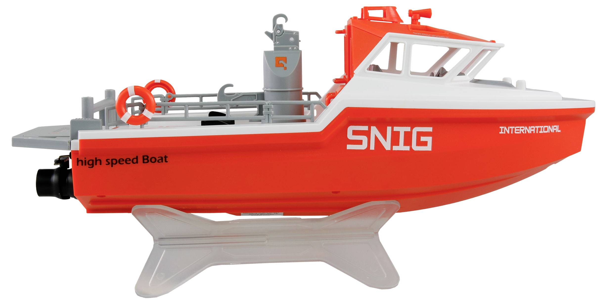 Spielzeug-Schnellboot in Orange und Weiß, mit Aufschrift 'SNIG' und 'International'. Rettungsringe und Details auf dem Deck erkennbar.