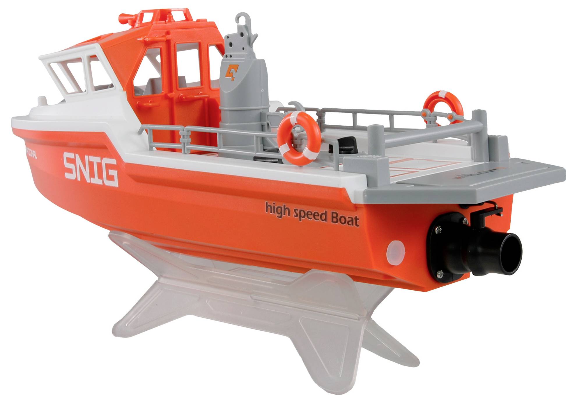 Ein Modell eines Highspeed-Boots mit der Aufschrift 'SNIG'. Das Boot ist orange und weiß, mit zwei Rettungsringen an den Seiten.