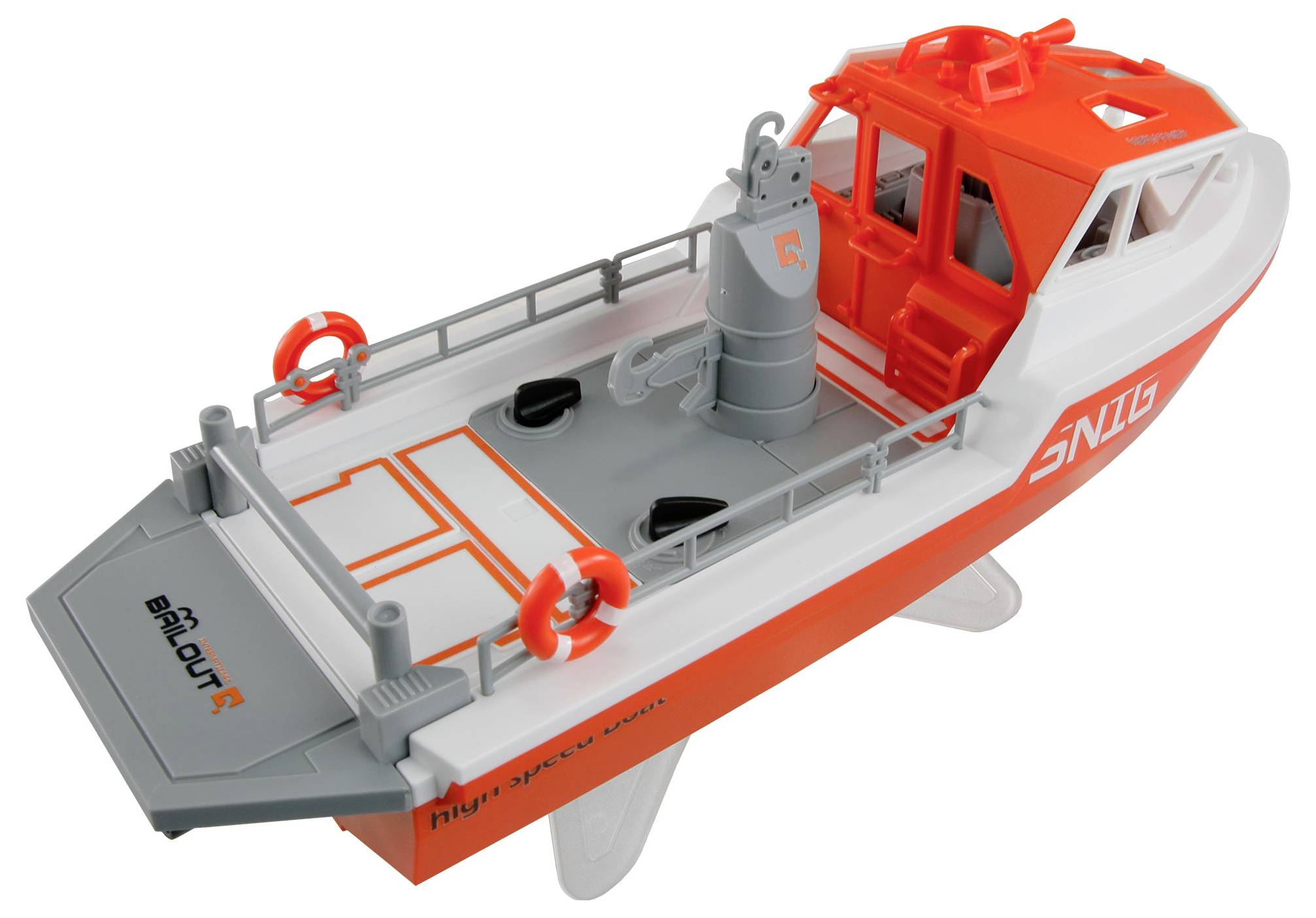 Spielzeugboot in Weiß und Orange mit der Aufschrift 'Smit'. Es hat Rettungsringe und eine Schleudergeschützattrappe auf dem Deck.
