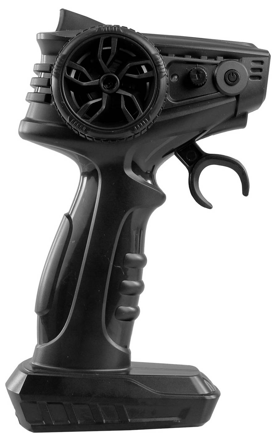 Ein schwarzer Fernsteuerungsgriff für ein RC-Modell mit Abzug und Drehknopf.