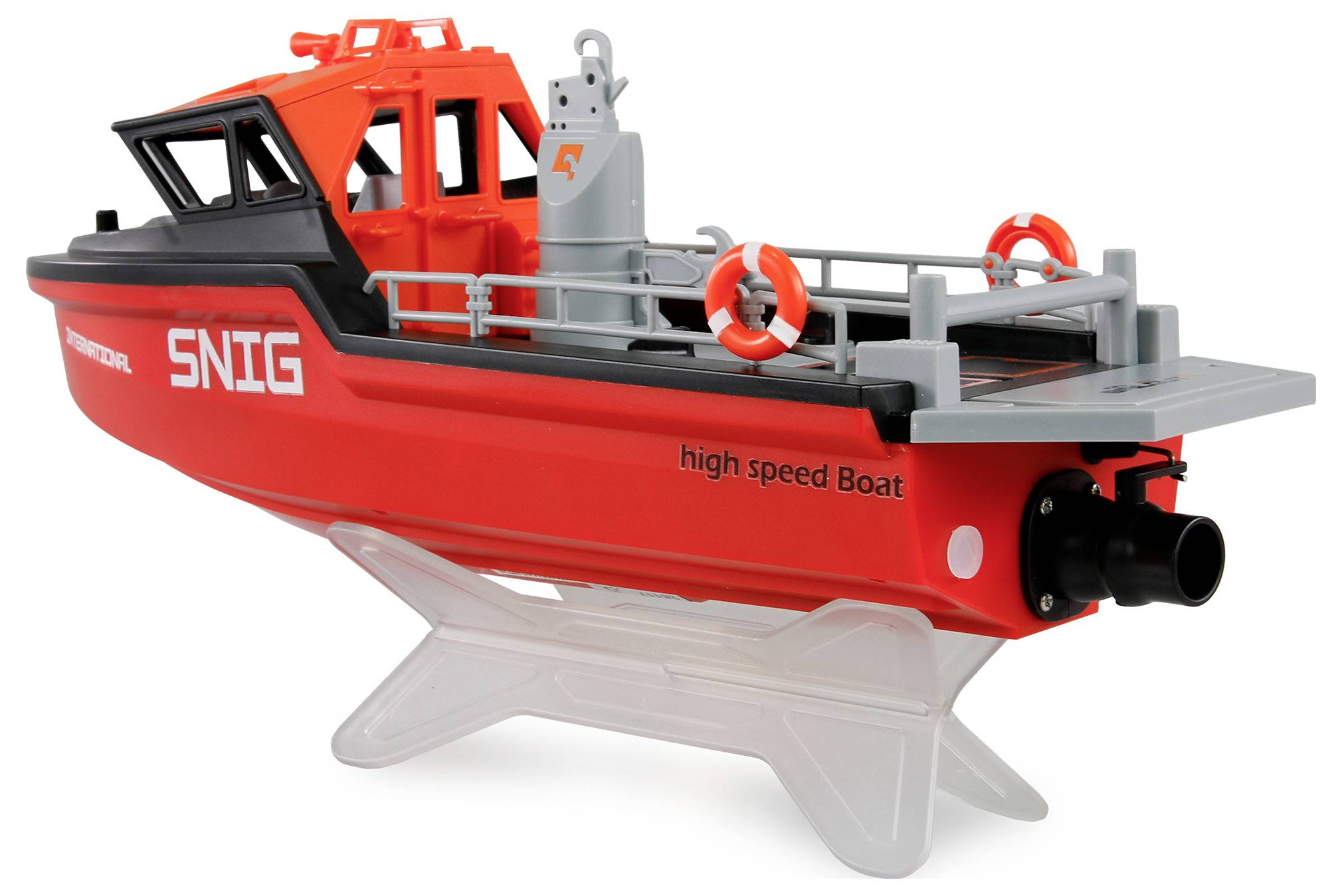 Spielzeugboot in Rot und Schwarz mit der Aufschrift 'high speed Boat' an der Seite, platziert auf einem durchsichtigen Ständer.