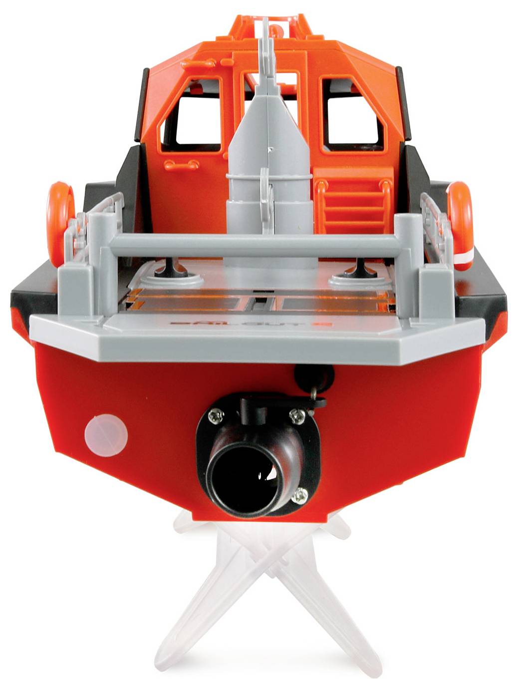 Ein orange-schwarzes Spielzeugboot auf einem transparenten Ständer. Es hat ein detailreiches Deck und ist für Kinder zum Spielen geeignet.