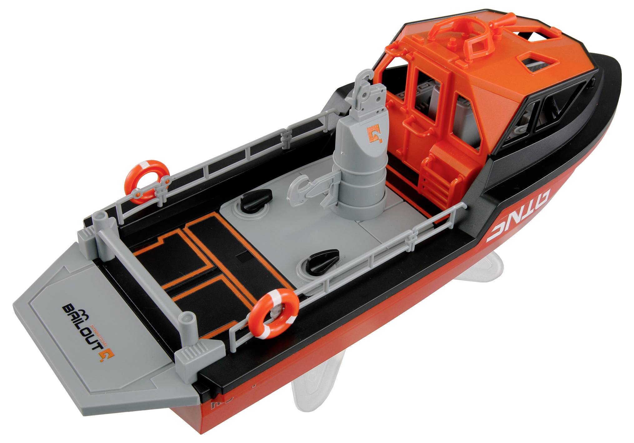 Ein Modell-Rettungsboot in leuchtendem Orange und Schwarz mit weißen Details und einem Rettungsring an Bord auf einer weißen Fläche.