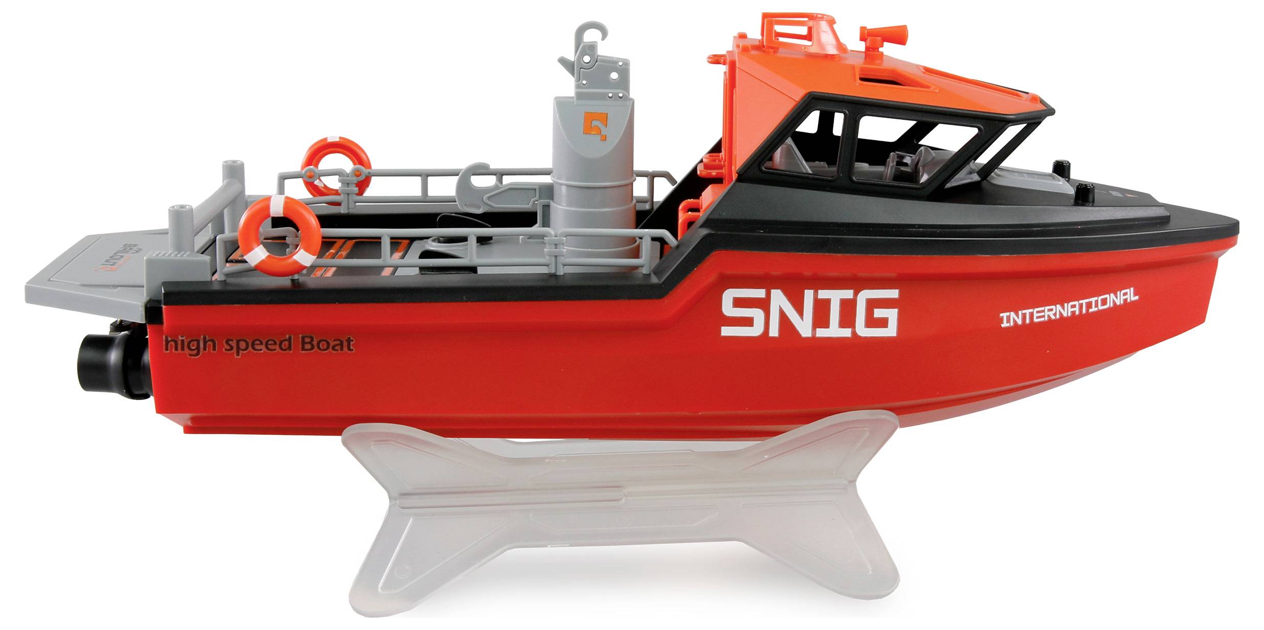 Ein orange-rotes Spielzeug-Schiffsmodell mit der Aufschrift 'SNIG INTERNATIONAL' und 'High speed Boat' an der Seite auf einem Ständer.