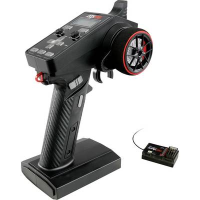 Schwarze RC-Handfernbedienung mit drehbarem Einstellrad und digitalem Display. Daneben ein kleiner, rechteckiger Empfänger.