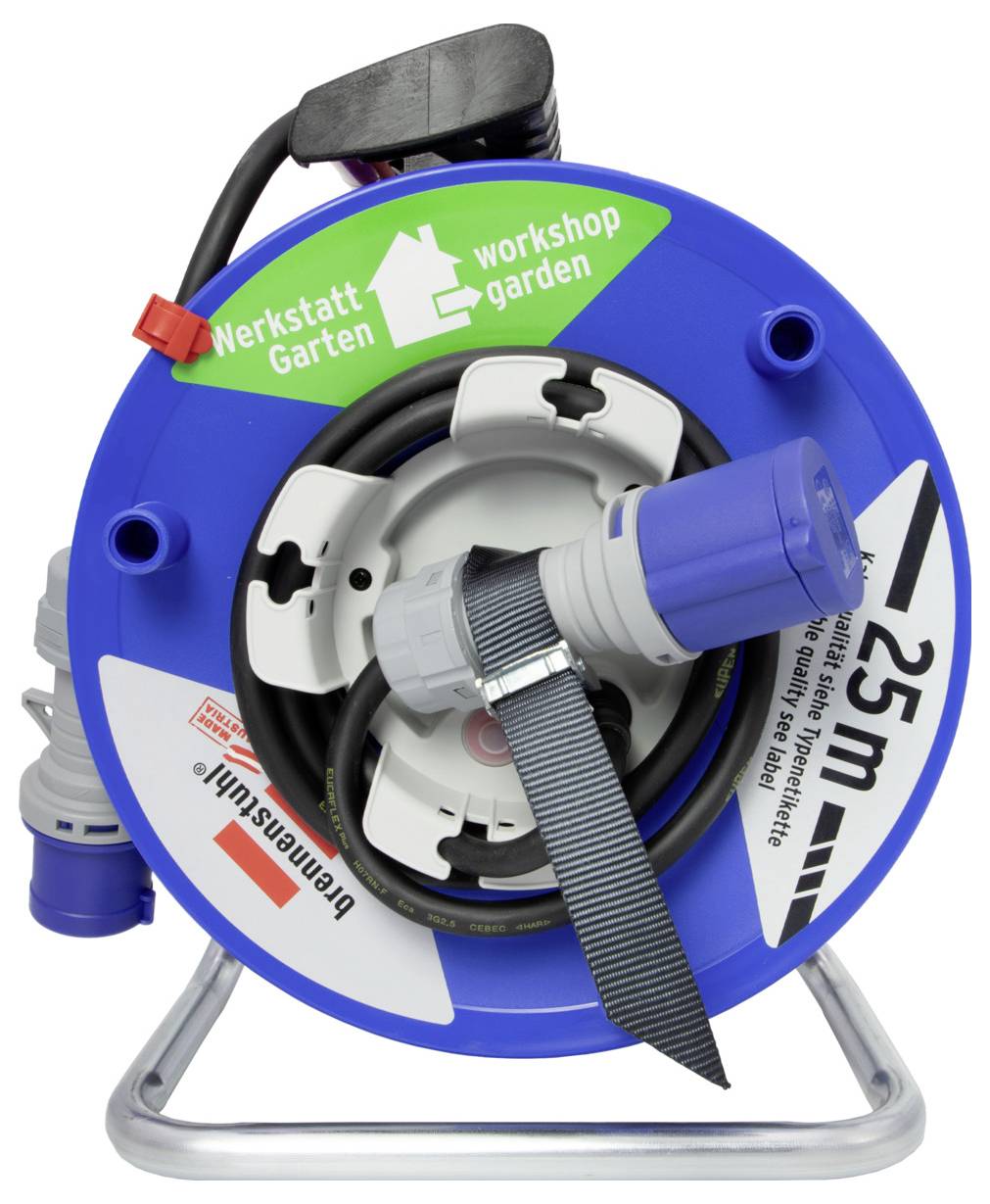 Blaue Kabeltrommel mit 25 m Kabel, geeignet für Werkstatt und Garten.