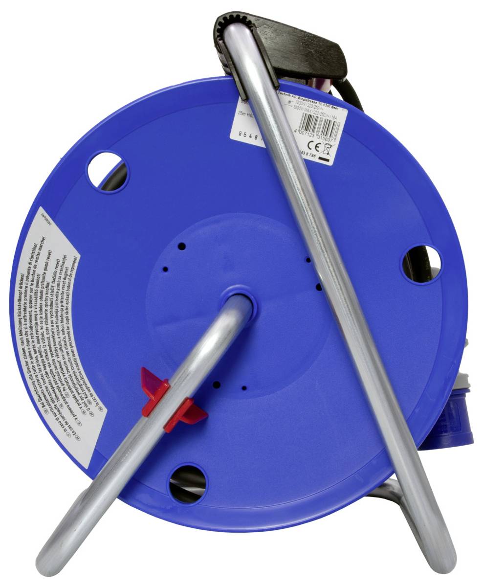 Blaue Kabeltrommel mit Metallständer, seitliche Ansicht. Sicherheitsinformationen und drei Löcher sichtbar auf der Rückseite.